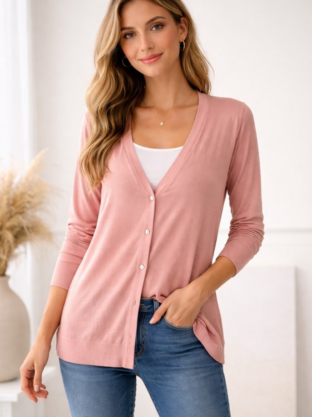 J. Jill Wearever Cardigan Large Pink Button Front Lightweight Knit Large
